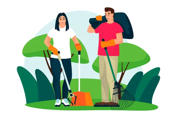 Young Couple Volunteers Clean Plastic Trash City Park Lawn Vector — Stock Vector