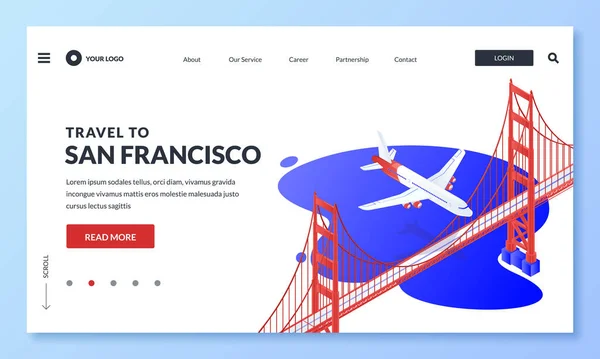 Viaje San Francisco Vector Ilustración Isométrica Avión Vuela Sobre Puente — Vector de stock