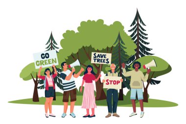 Ormanların yok edilmesine karşı çevreci eylemciler kampanyası. Gösteride posterleri olan çevreci eylemcileri protesto eden düz çizgi film çizimi. Ormanlar ve ağaçlar eko kavramının korunması.