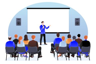 Seminerdeki, sunumdaki veya konferanstaki bir grup insan. Vektör düz çizgi film çizimi. Profesyonel hoca seyircilere hitap ediyor. İş eğitimi, koçluk ve eğitim kavramı.