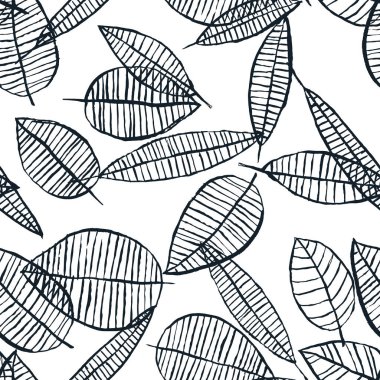 Sonbahar siyah beyaz suluboya kusursuz desen bırakır. Vektör eli çizilmiş mürekkep karalama çizimi. Moda İskandinav duvar kağıdı arka plan tasarımı. Moda tekstil veya ambalaj baskısı.