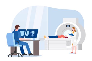 Doktor ve hemşire hastanın manyetik rezonans görüntüleme taramasına hazırlanın. Hastane laboratuvar malzemelerinin vektör düz çizimi. MRI tıbbi modern tanı konsepti.