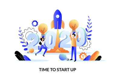 İş projeleri 2020 yılındaki strateji ve planı başlatır. Web İniş Sayfası afişi için yaratıcı insanların çizgi film çizimi, poster tasarımı. Beklenti ve perspektif kavramı