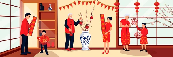幸せな中国の家族は旧正月の準備をし 提灯や旗で家を飾ります ベクトルフラット漫画イラスト 東洋の伝統的な祝日 — ストックベクタ