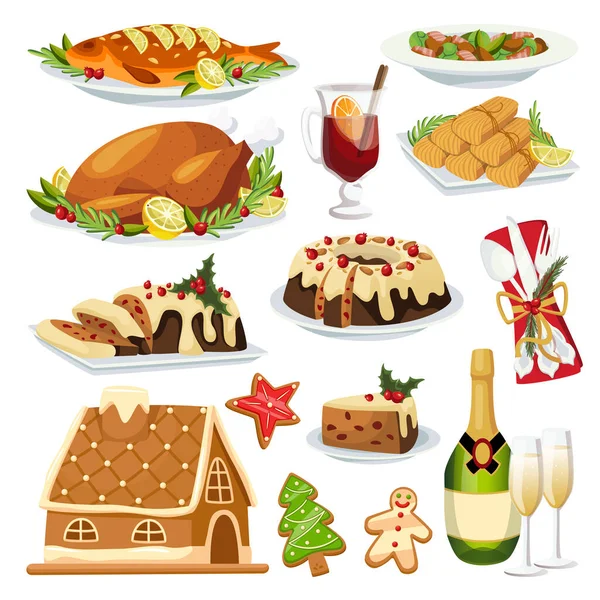 圣诞及新年假期菜单设计元素 矢量平面卡通画 传统假日家里做的饭菜 烤火鸡 肉饼和香槟 — 图库矢量图片