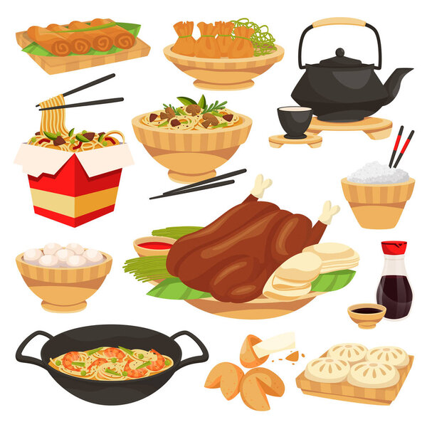Chinese traditional holiday food dishes. Vector flat cartoon illustration. Set of isolated china cuisine meal. Asian restaurant or cafe menu design elements.