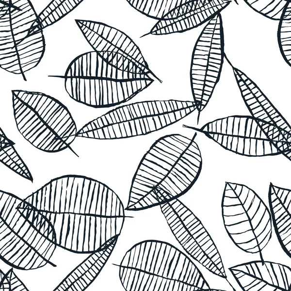 Herbst Schwarz Weiß Aquarell Blätter Nahtlose Muster Vector Handgezeichnete Tuschekritzelillustration — Stockvektor