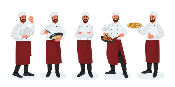 Chef Mustache Beard Different Poses White Background Vector Flat Illustration — Stock Vector