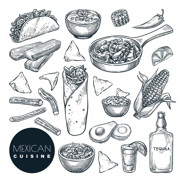 Traditionelles Mexikanisches Essen Vektorskizze Illustration Set Von Isolierten Handgezogenen Snacks — Stockvektor
