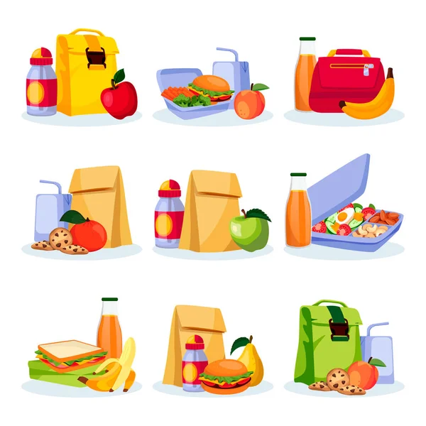 孩子们在学校吃健康的午餐和零食 矢量平面卡通画 午餐盒里有自制的食物 香蕉和饮料 白色背景下孤立的食物图标 — 图库矢量图片
