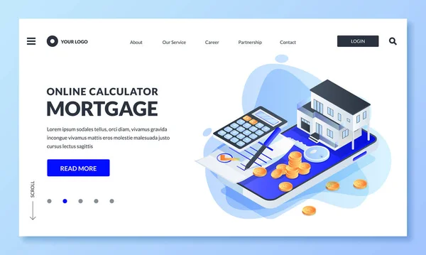 App Online Calcolatore Del Tasso Ipotecario Illustrazione Isometrica Vettoriale Concetto — Vettoriale Stock