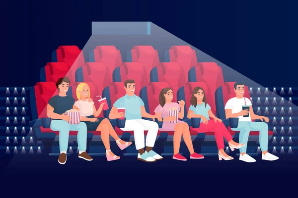 Friends watching comedy movie in cinema and eating popcorn. Flat cartoon vector illustration. People sitting in armchairs in theatre auditorium.