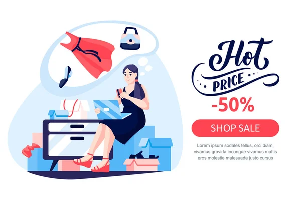 Alışverişkolik Kız Posta Kutularının Üstüne Oturur Internetten Kadın Giysisi Alışverişi — Stok Vektör
