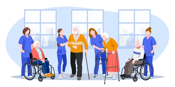 Nurse taking care about seniors people in hospital. Vector flat cartoon illustration. Doctors help elderly people walk and ride wheelchair.