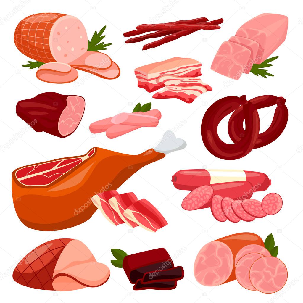 Fresh meat products collection, isolated on white background. Vector flat cartoon illustration. Food isolated design elements. Pieces of salami, ham, pork leg, sausages.