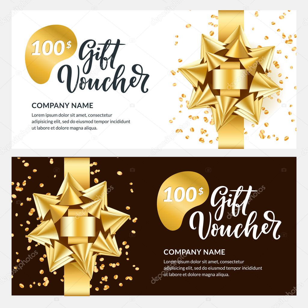 Gift card, voucher, certificate for Christmas, New Year, Birthday. Realistic 3d illustration of present with gold round bow ribbon. Holiday black and white banner vector design template.