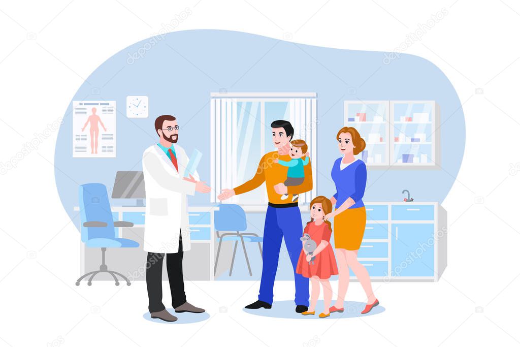 Family doctor with patients in hospital office. Vector flat cartoon illustration. Medical consultation of therapist or pediatrician in clinic. Healthcare concept.