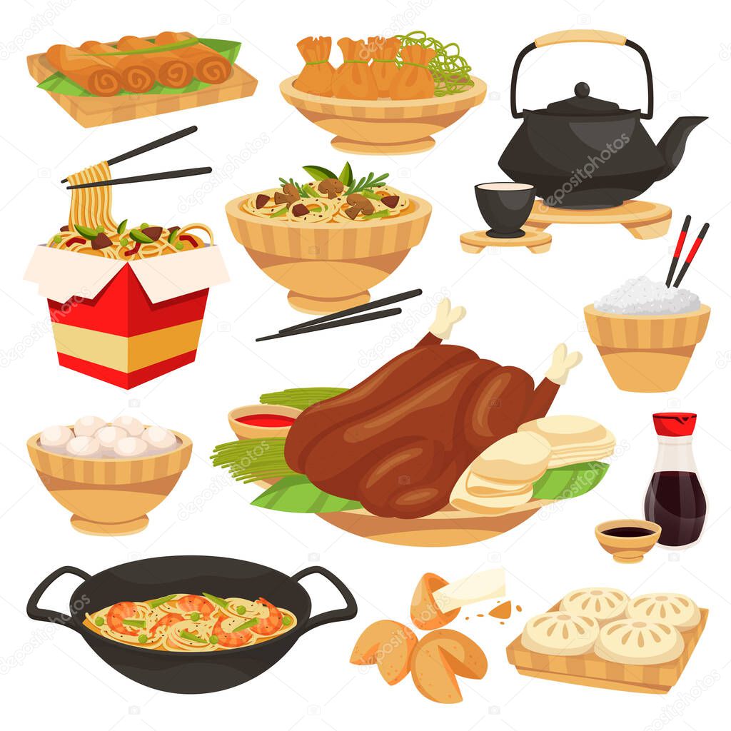 Chinese traditional holiday food dishes. Vector flat cartoon illustration. Set of isolated china cuisine meal. Asian restaurant or cafe menu design elements.