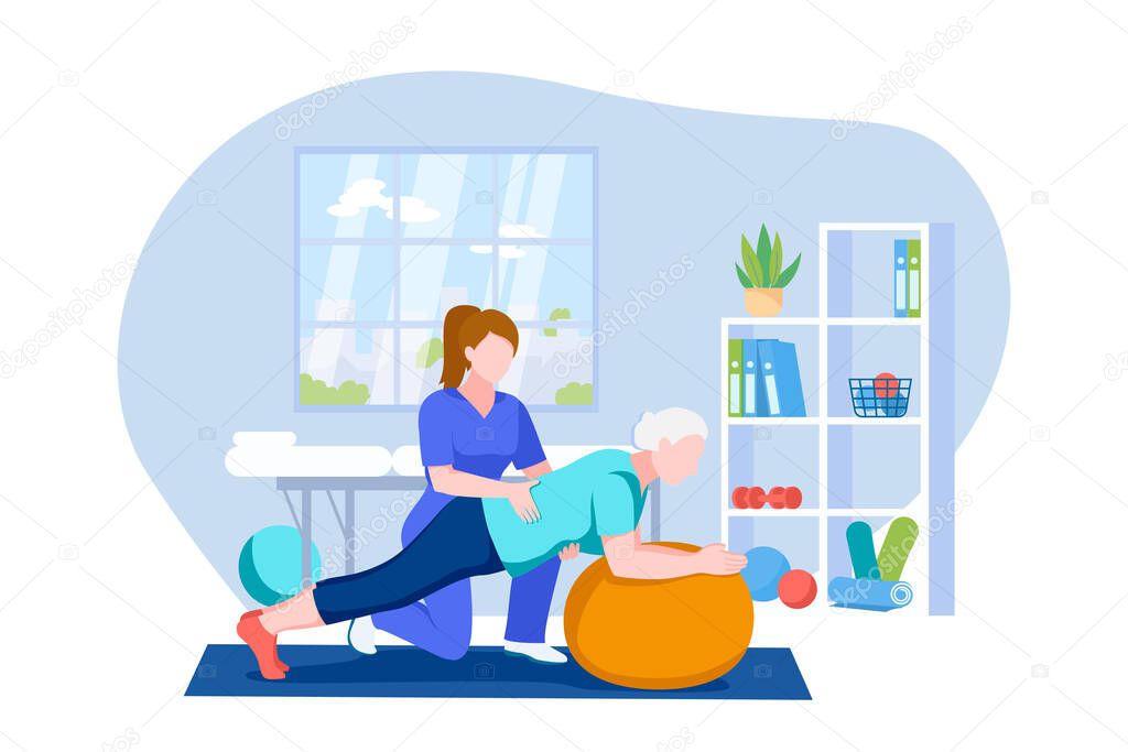 Physiotherapist or rehabilitologist doctor rehabilitates elderly patient. Senior woman doing exercises on fitball. Vector flat cartoon illustration. Physiotherapy rehab, injury recovery concept.