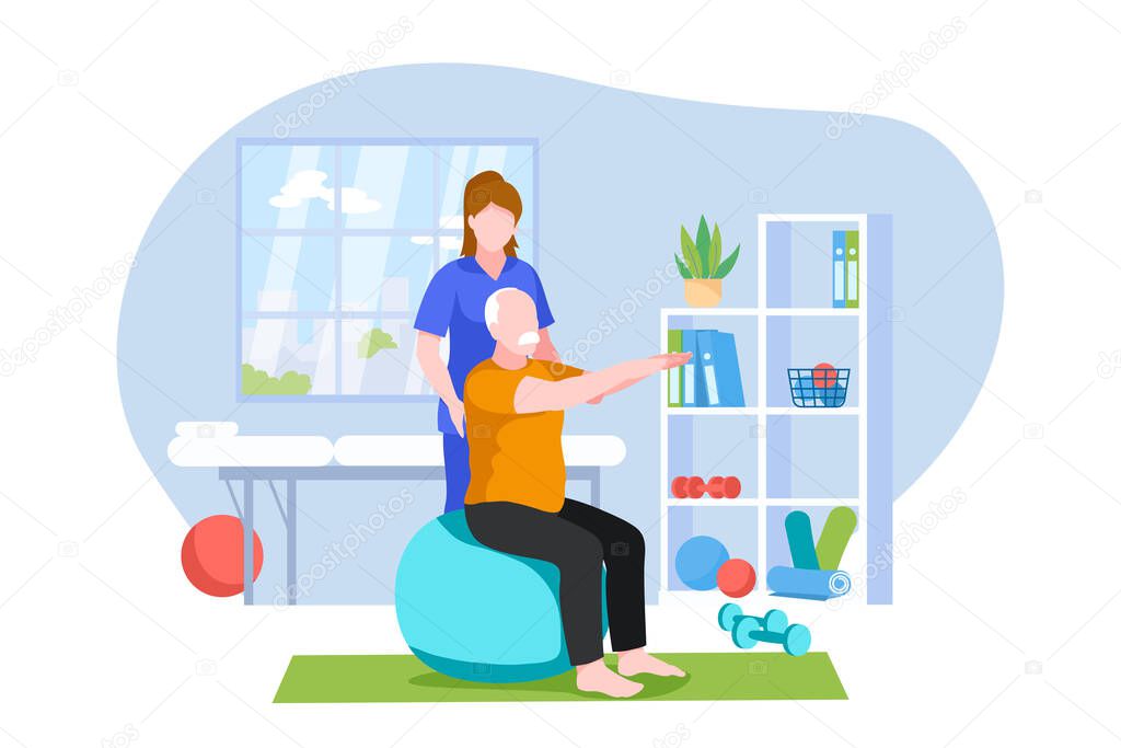 Physiotherapist or rehabilitologist doctor rehabilitates elderly patient. Physiotherapy rehab, injury recovery concept. Vector flat cartoon illustration.