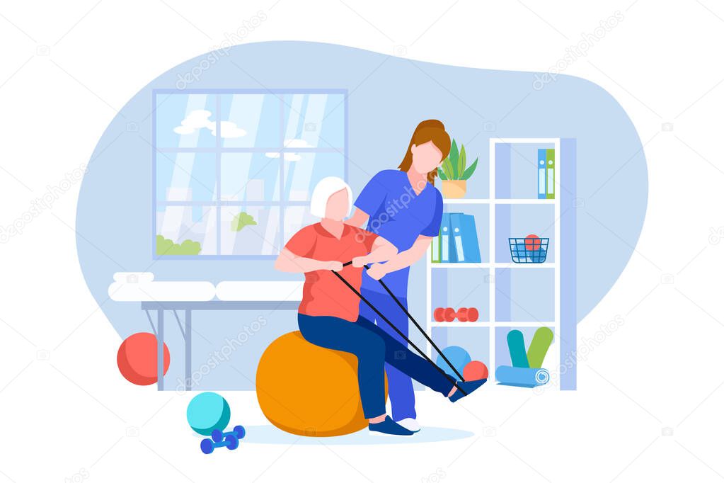 Physiotherapist or rehabilitologist doctor rehabilitates elderly patient. Vector flat cartoon illustration of physiotherapy rehab and injury recovery. Senior woman doing exercises on fitball.