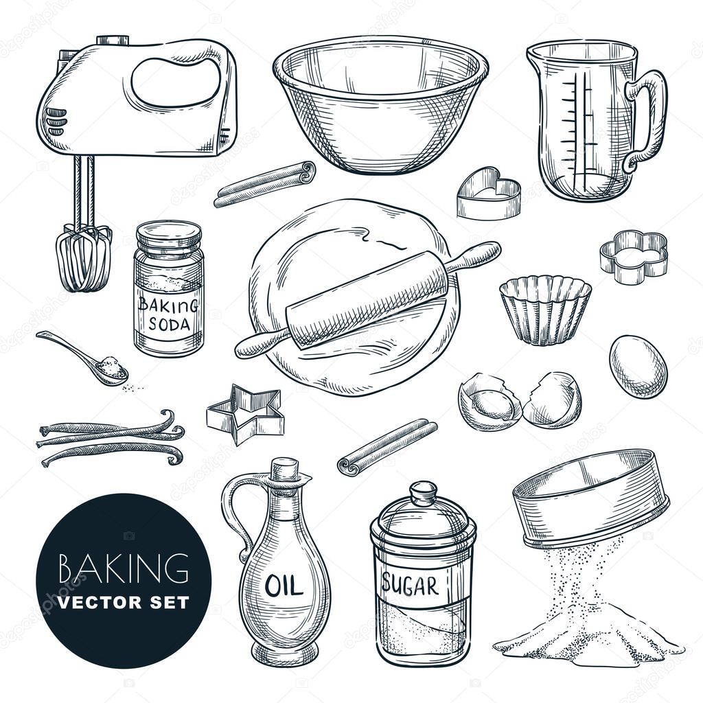 Baking ingredients and kitchen utensil icons. Vector hand drawn sketch illustration. Cooking and recipe design elements set, isolated on white background.