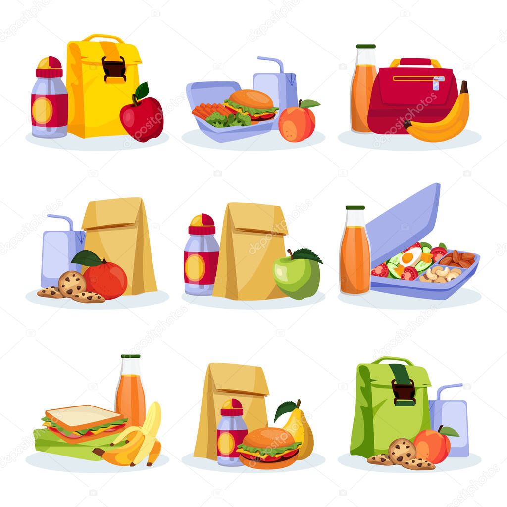 Kids school healthy lunch and snacks. Vector flat cartoon illustration. Lunchboxes with home made meal, apple, banan and drinks. Food icons isolated on white background.