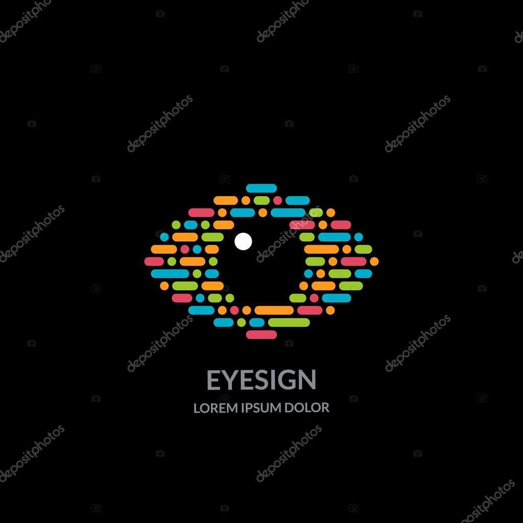 Eye vision logo sign or emblem design template, isolated on black background. Abstract morse code human eyes vector illustration. Concept for ophthalmology, media, glasses lens and optical technology