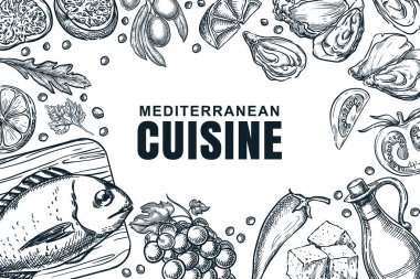 Akdeniz mutfağı ve malzeme çerçevesi. Vektör el çizimi çizimi çizimi. Restoran, kafe menüsü, yemek tarifi kitapları, gıda ambalajı, organik ürün etiketleri beyaz arka planda tasarım unsurları