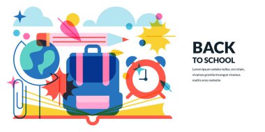 Açık kitap, sırt çantası, çalar saat, dünya ve sonbahar yapraklarının vektör geometrik düz çizimi. Okula çok renkli afiş ya da poster tasarımı. Öğrenme ve eğitim yaratıcı konsept