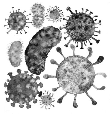 Siyah ve beyaz bakteri ve virüsler çizilmiş bir dizi el.