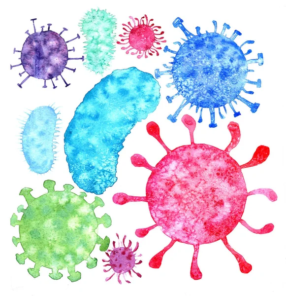 Aquarelle isolée virus multicolores et microbes pour fond — Photo