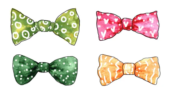 Illustration a set of colorful bow ties in different colors with different patterns hand-drawn in watercolor for your design — Stock Photo, Image