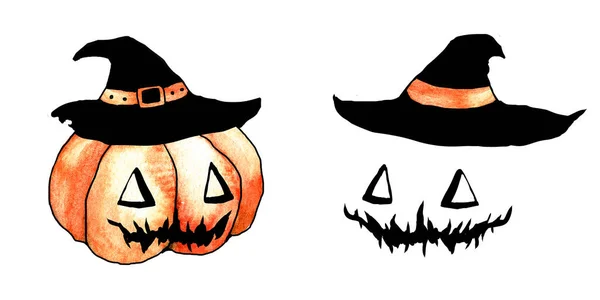 Šťastný Halloween Blahopřání Umění Ilustrace Děsivým Úsměvem Dýně Černém Klobouku — Stock fotografie