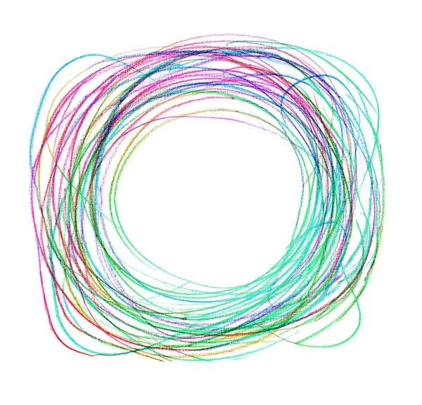 Абстрактный фон с цветными разноцветными линиями карандаша в круге, с пустым пространством для текста на белом фоне, Центральная композиция розово-бирюзового карандаша — стоковое фото