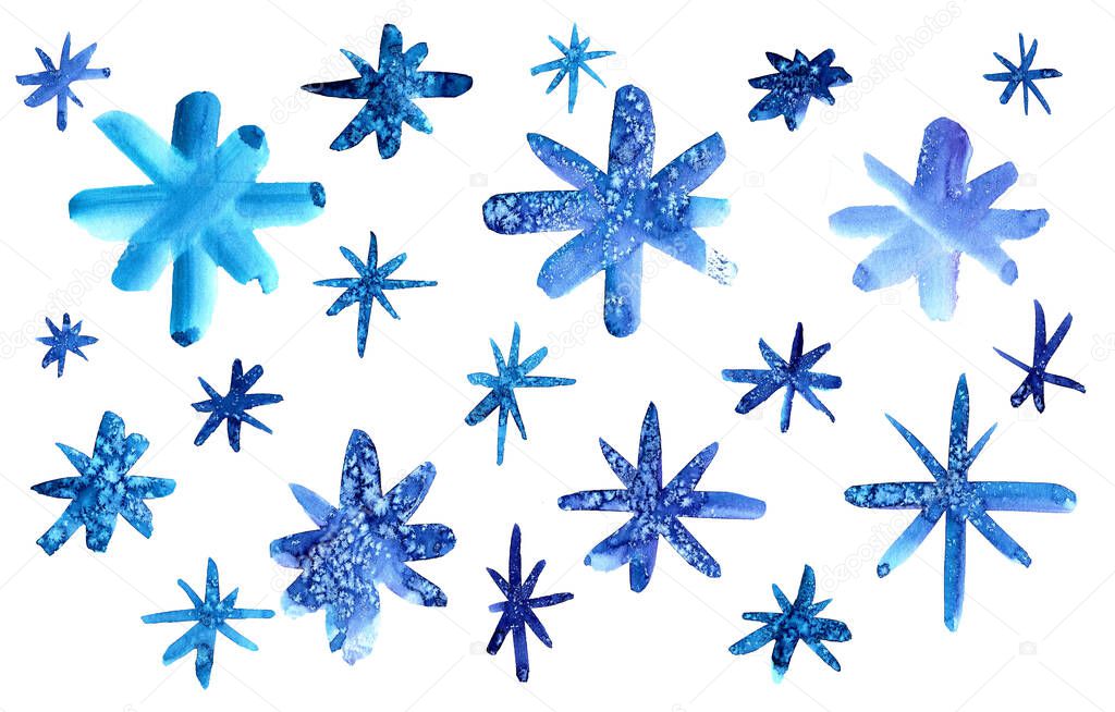 A collection of hand drawn doodles simple watercolor snowflakes in blue isolated on a white background for a postcard packaging design template