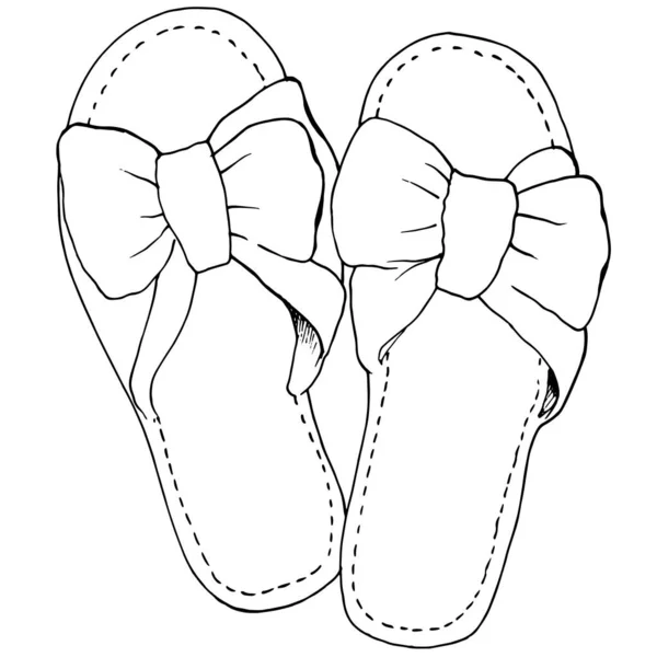 Mão - desenho desenhado de mulheres acolhedoras Chinelos de casa com arcos. Vetor Doodle. linha preta isolada no fundo branco mulheres sapatos —  Vetores de Stock