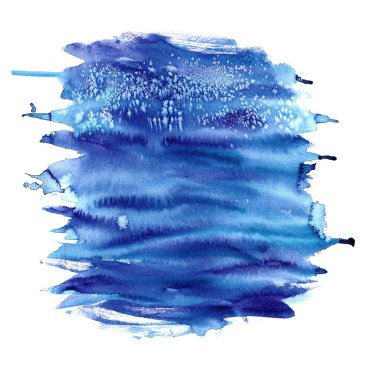 Koyu mavi, çivit mavisi, suluboya arkaplan, ıslak fırça noktaları, vuruşlar ve beyaz arka planda izole noktalar. Soyut sanat çerçevesi, metin veya logo için boşluk. el boyası arkaplan düzensiz