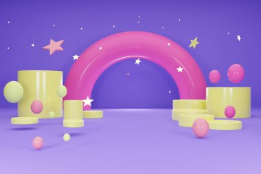 Gri stüdyo ve zemin kattaki iç odada kaide podyumu. Arkaplan arkaplanı için resimli duvar kağıdı. Tasarım ürünü sunumu. 3B Hazırlama.  