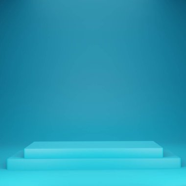 Mavi stüdyo ve zemin kattaki iç odada kürsüde dur. Arkaplan arkaplanı için resimli duvar kağıdı. Tasarım ürünü sunumu. 3B Hazırlama.  