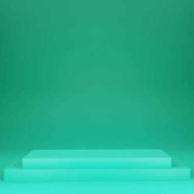 Yeşil stüdyo ve zemin kattaki iç odada kürsüde dur. Arkaplan arkaplanı için resimli duvar kağıdı. Tasarım ürünü sunumu. 3B Hazırlama.  