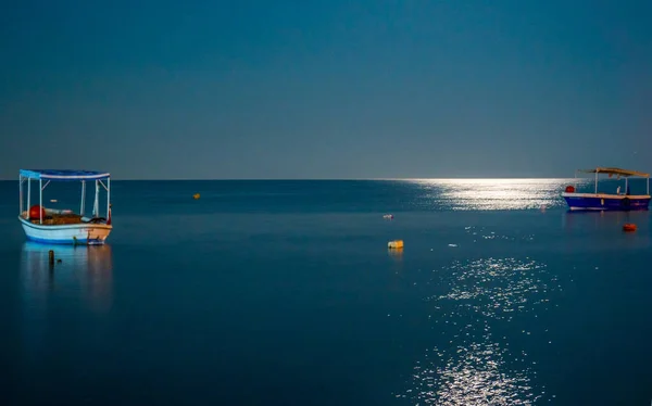 Ay ışığında deniz manzarası ve tekneler