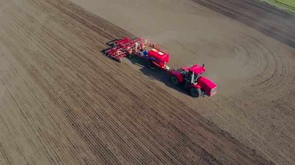 Un trattore agricolo rosso con un seminatore aratura la terra e piantare semi di cereali nel terreno fertilizzante di un campo agricolo. Lavori primaverili sui terreni agricoli. Vista dall'alto dall'alto, volo senza equipaggio — Video Stock