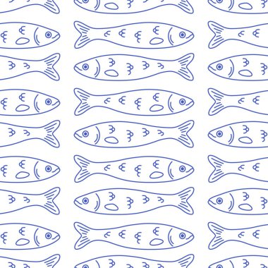 Sardalya ile kusursuz desen. Ana hatları kusursuz balık deseni. Akdeniz usulü İtalyan usulü. Pankart, duvar kağıdı, tekstil, ambalaj kağıdı, arka plan, kartlar için karalama baskısı. Vektör illüstrasyonu