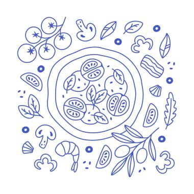 Pankart, arkaplan, kart, poster ve menü için elle çizilmiş İtalyan pizza tasarımı. İçinde malzemeler olan Akdeniz İtalyan pizzası. Düz moda vektör illüstrasyonuName