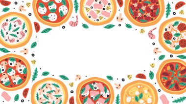 Pankart, arkaplan, kart, poster ve menü için elle çizilmiş İtalyan pizza tasarımı. Düz moda vektör illüstrasyonuName