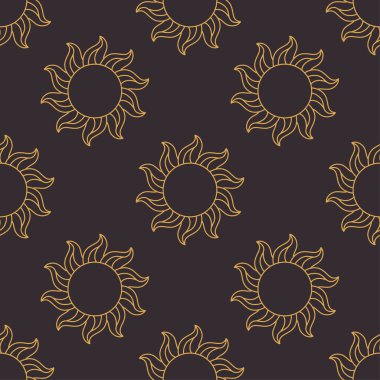 Akdeniz mavisi, sevimli karalama güneşleriyle kusursuz desen. Dolce vita elle çizilmiş güneşler. Asgari büyü soyut anahat güneş deseni. Düz biçimli vektör illüstrasyonu