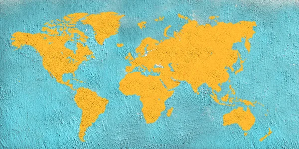 dünya haritası, sarı doku ve mavi duvar.