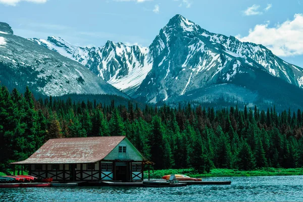 beautiful nature landscape of spirit island jasper national park boat house stock image