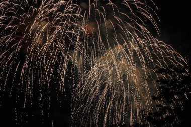 Gece gökyüzünde güzel renkli havai fişekler, gece gökyüzünde havai fişekler. Noel için dekorasyon, yeni yıl, sevgililer günü kutlaması, tatil .